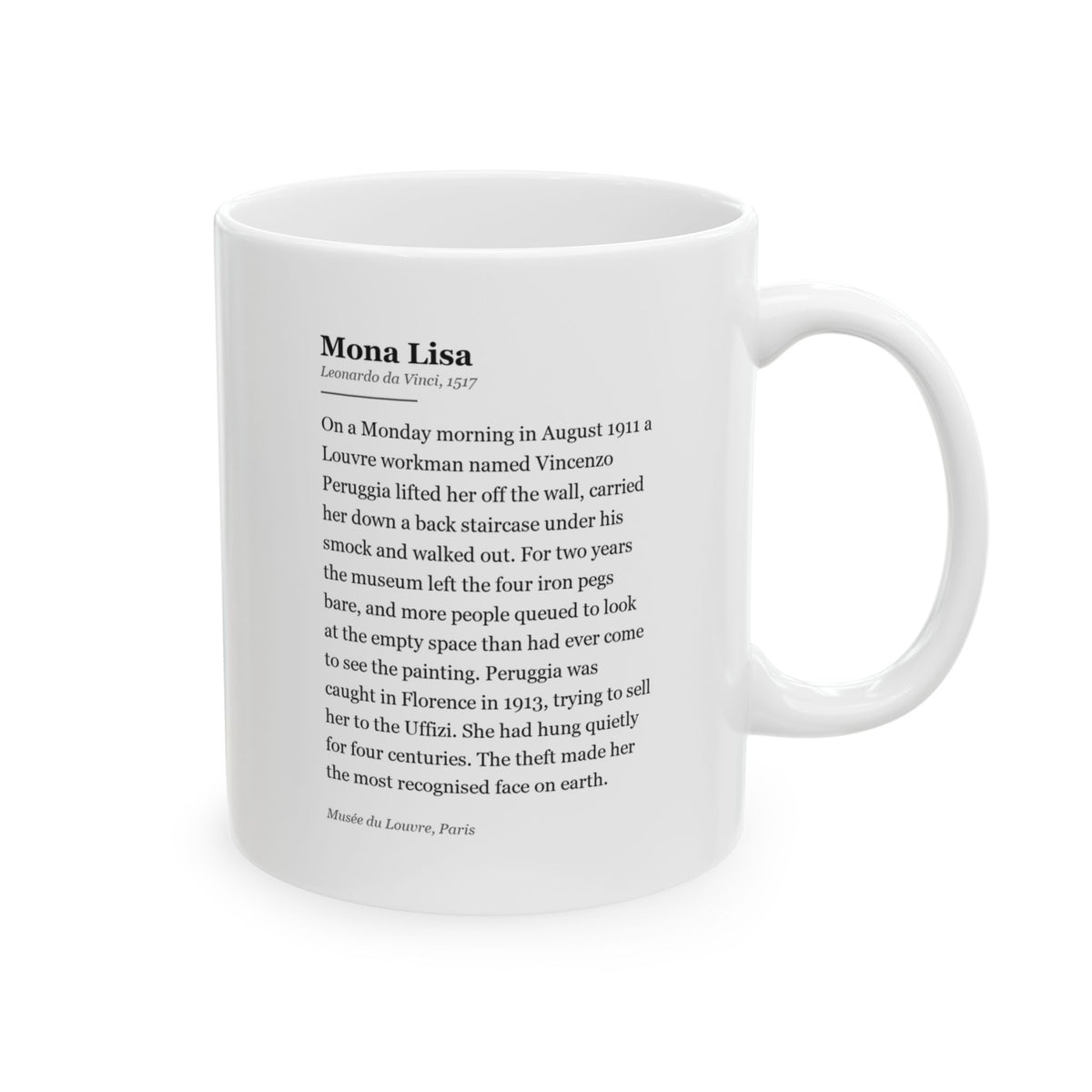 #22 Mona Lisa mug, three-quarter view showing the painting beside the handle