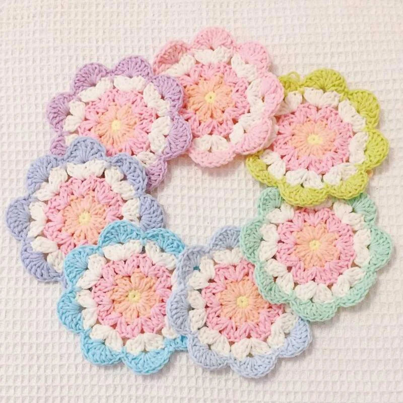 colorful round flowers handmade crochet coasters