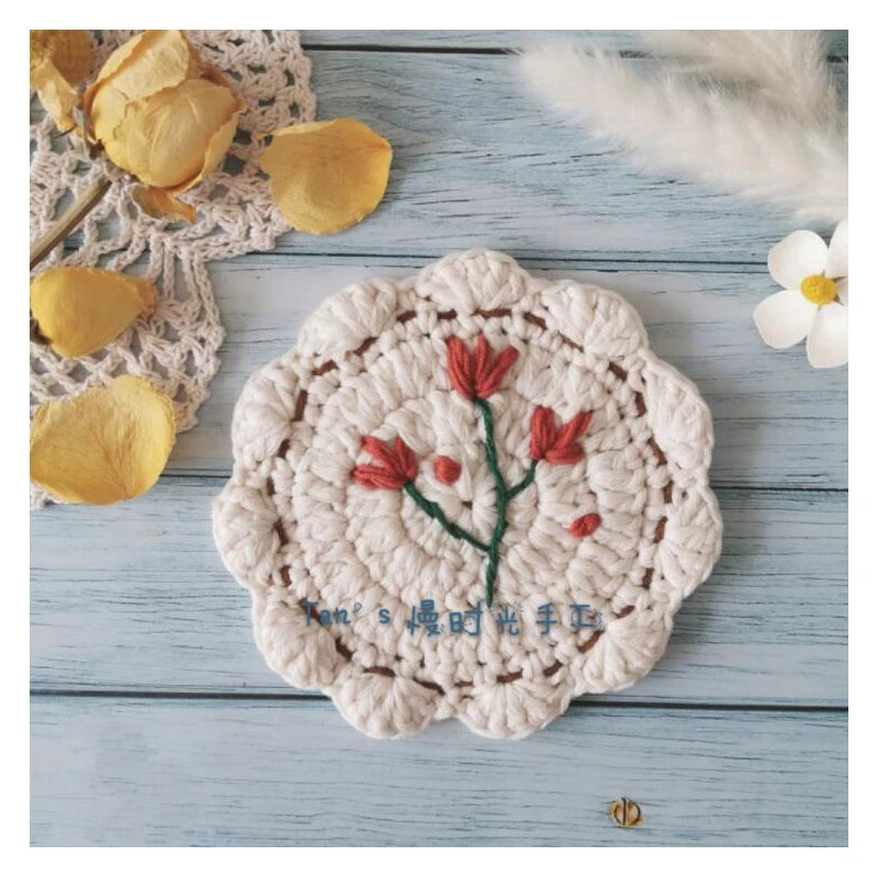 flower red round coaster from cotton