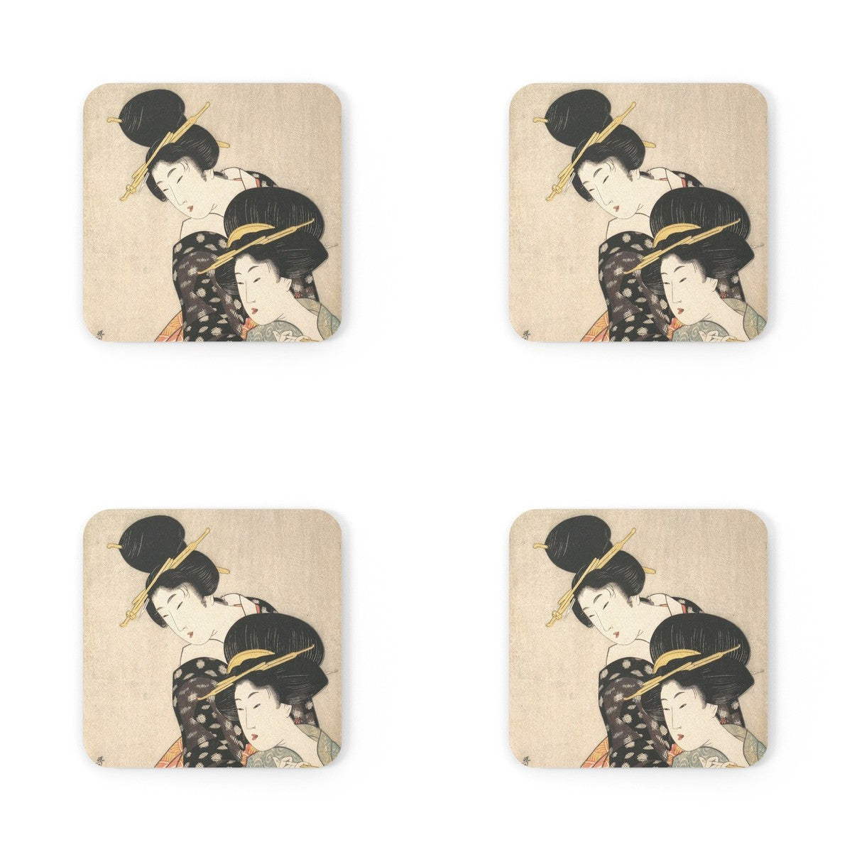 Four coasters printed with Two Women