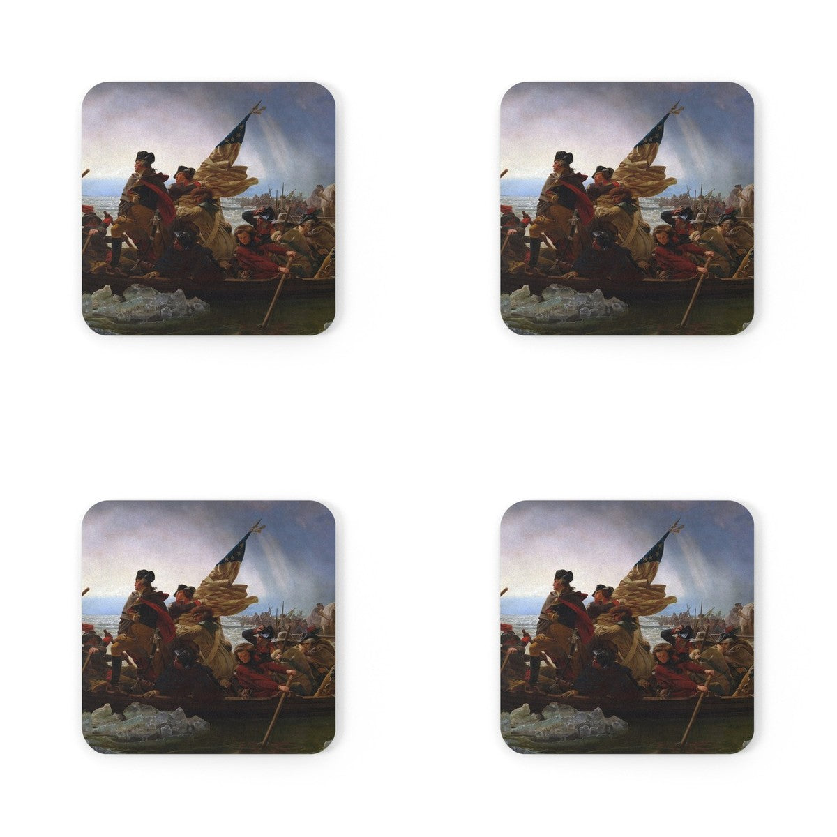 Four coasters printed with Washington Crossing the Delaware