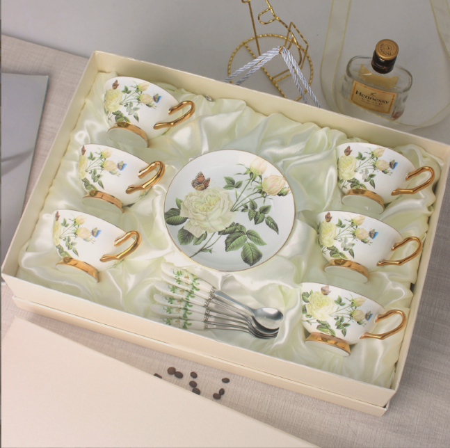 Butterfly and blossom bone china coffee set in its gift box, six cups, six saucers and six spoons