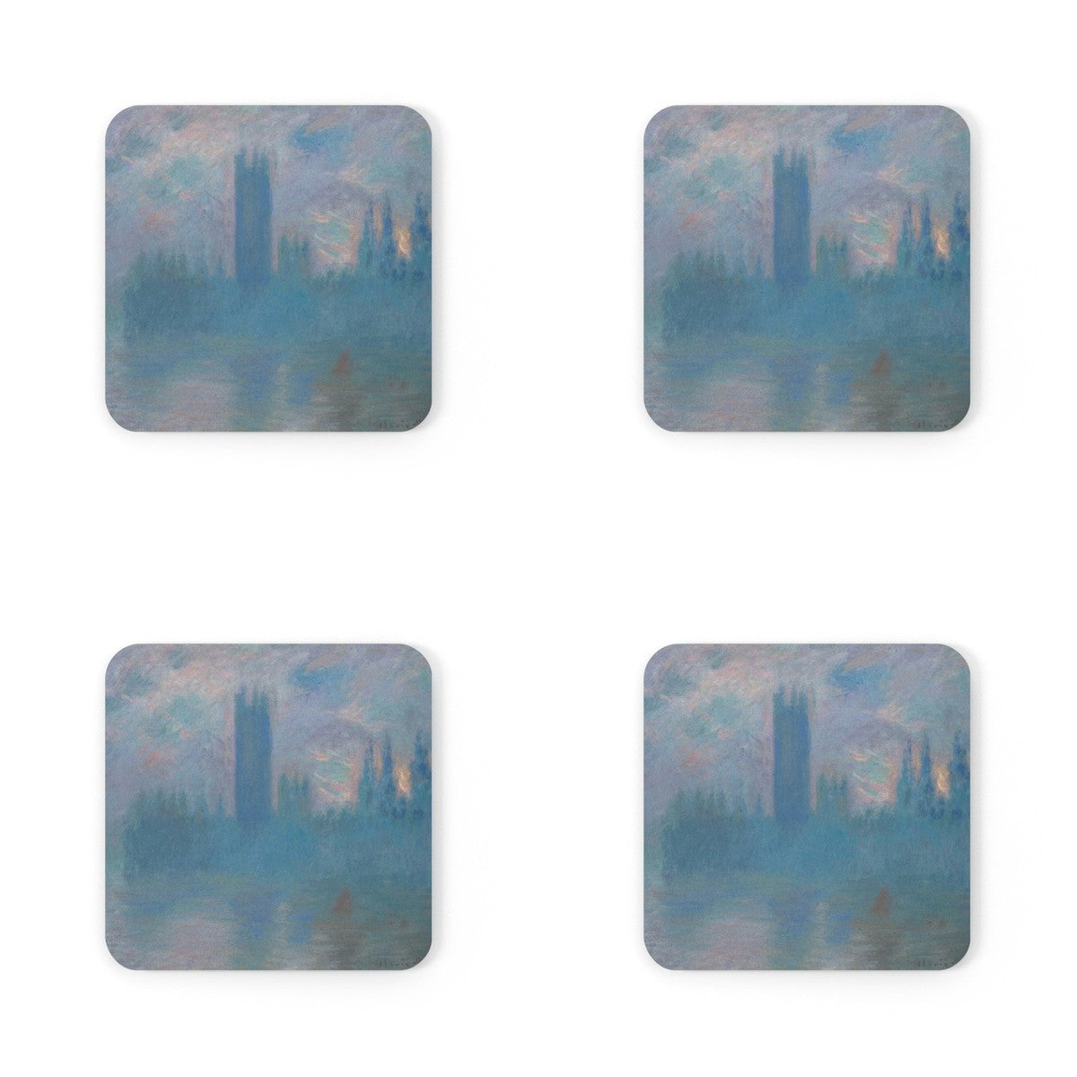 Four coasters printed with Houses of Parliament, London