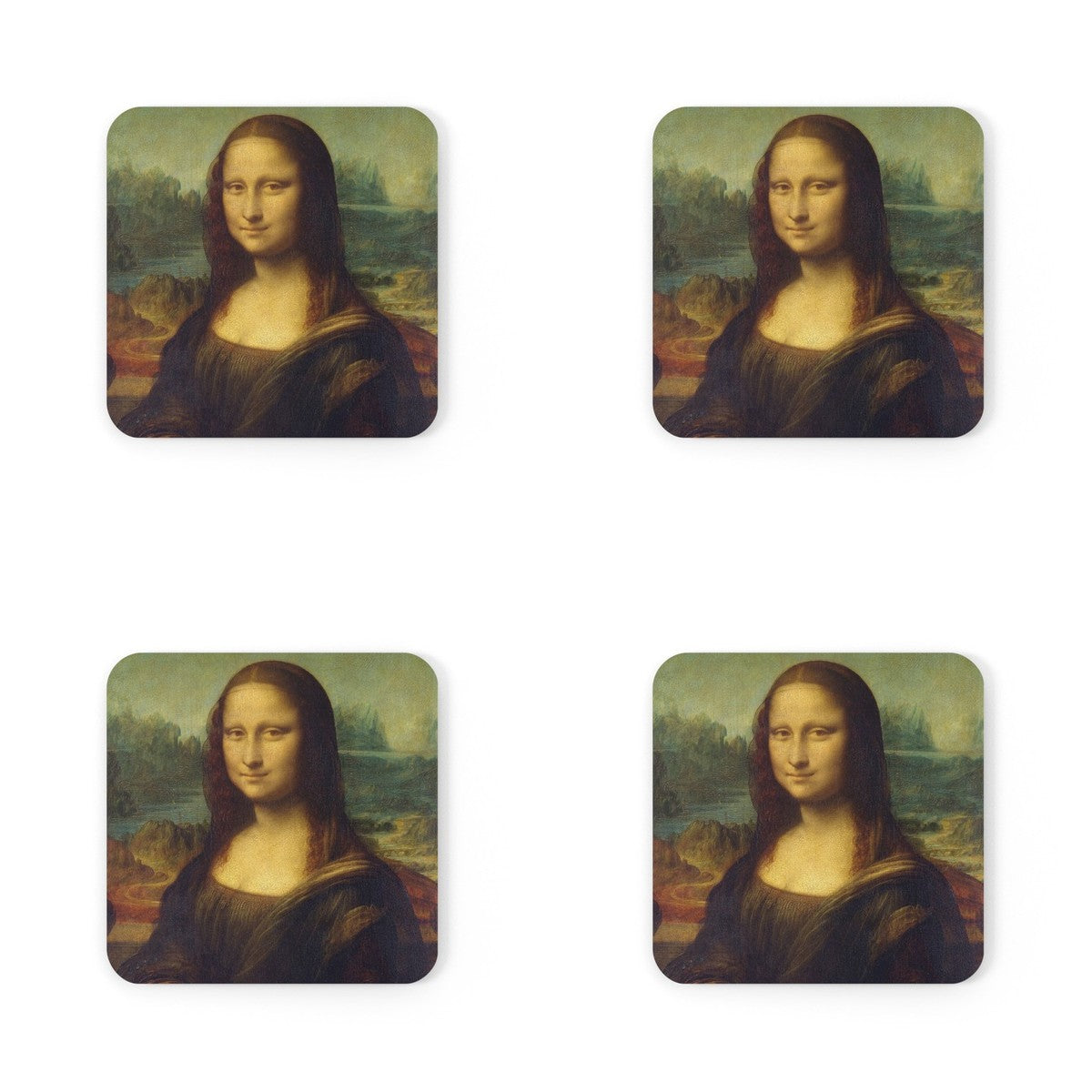 Four coasters printed with Mona Lisa