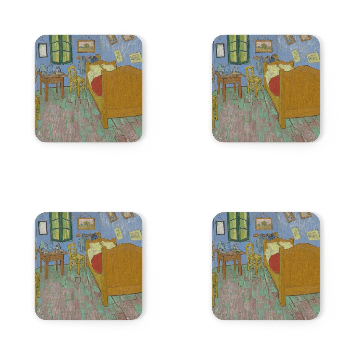 Four coasters printed with The Bedroom