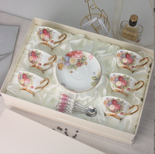 Vintage bouquet bone china coffee set in its gift box, six cups, six saucers and six spoons