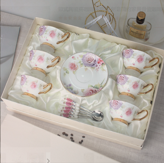 Powder rose bone china coffee set in its gift box, six cups, six saucers and six spoons