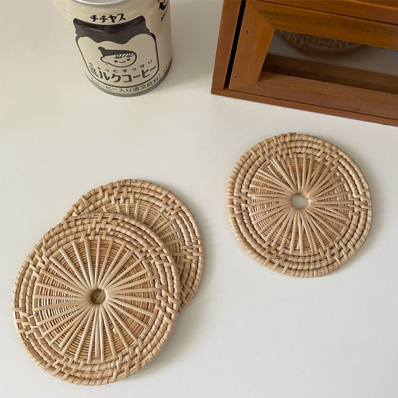 Rattan woven round tea coaster, view 3