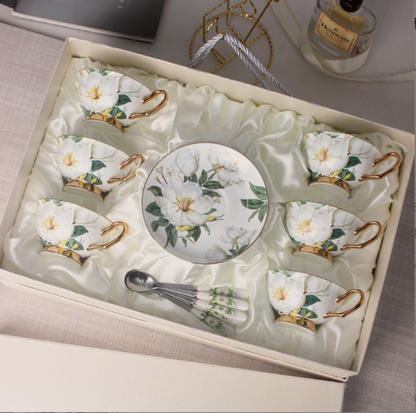 Camellia bone china coffee set in its gift box, six cups, six saucers and six spoons