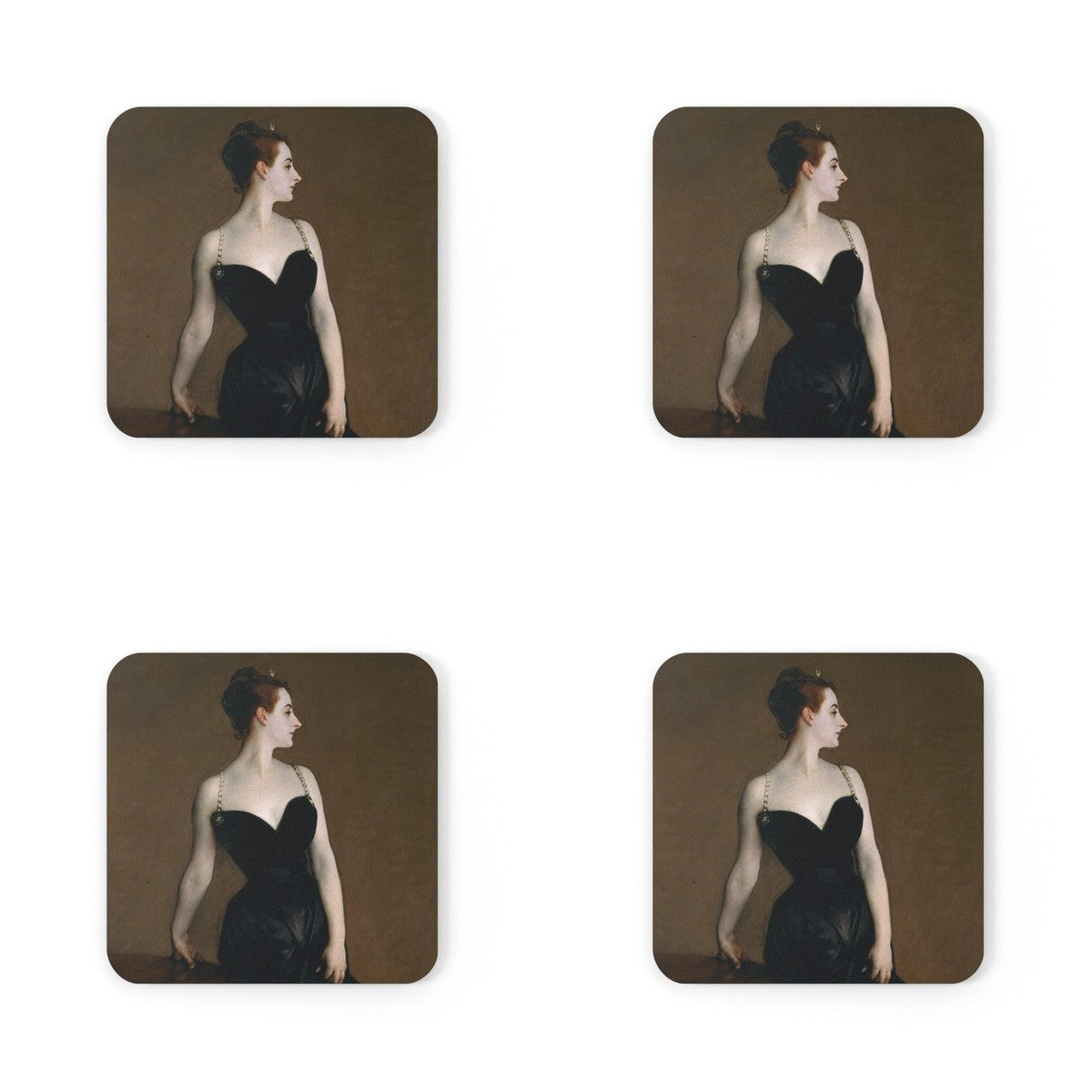 Four coasters printed with Madame X