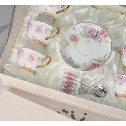 Close view of the powder rose pattern on the cups and saucer
